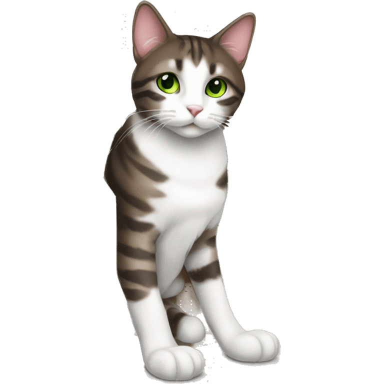 Dark Brown and white tabby cat with green eyes sitting in a box  emoji