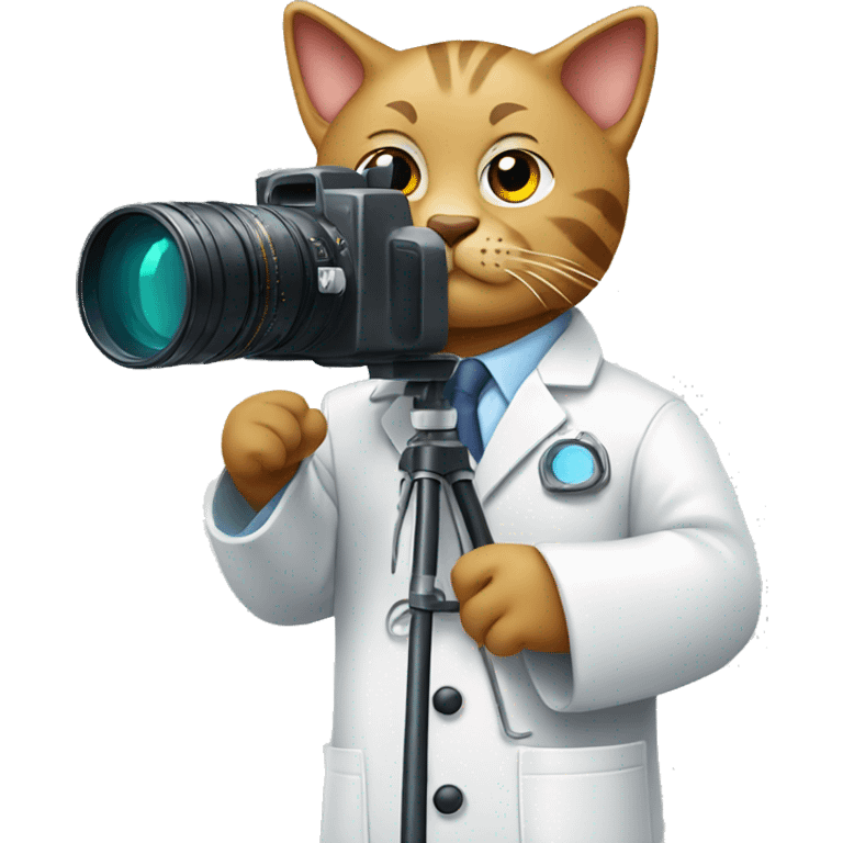 Cat Scientist taking a photo with a big camera while wearing a lab coat emoji