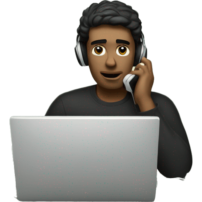 a tired white man with black hair is sitting at a laptop and talking on the phone, there is a bundle of money next to him, headphones on his head


 emoji