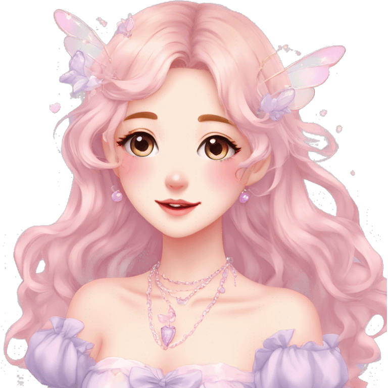 Gorgeous pastel anime style lady with blushing face and fairy dress necklace cottagecore fairycore pastelcore colorful pearly romantic simplistic aesthetic trending style emoji