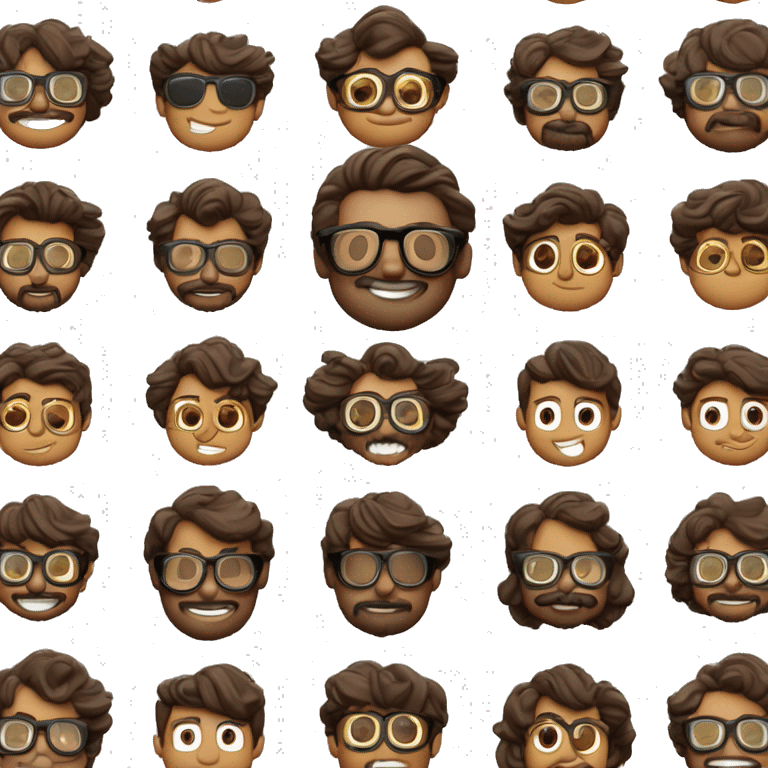 imágen al estilo de Disney Pixar de un chico moreno, con el pelo  muy corto y un poco de tupé, con gafas de pasta negra, ojos marrones, nariz pequeña,labios gruesos y barba de 3 días emoji