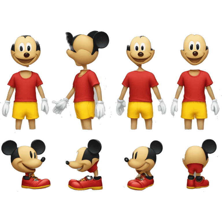 Mickey Mouse wearing red shorts and big yellow shoes, smiling happily. emoji