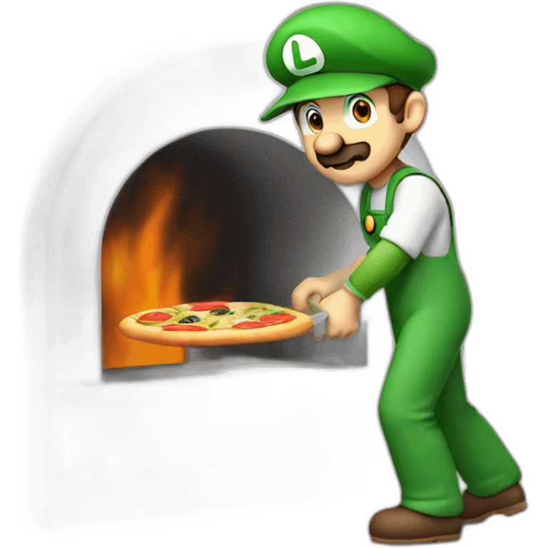 luigi holding a pizza shovel in his hands and putting a pizza into the pizza oven emoji