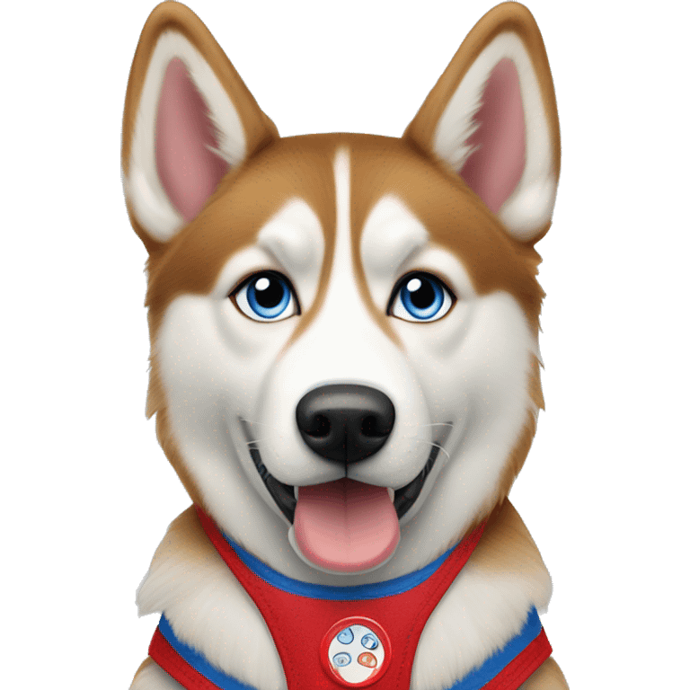 Red Siberian Husky with blue eyes wearing a service dog vest emoji