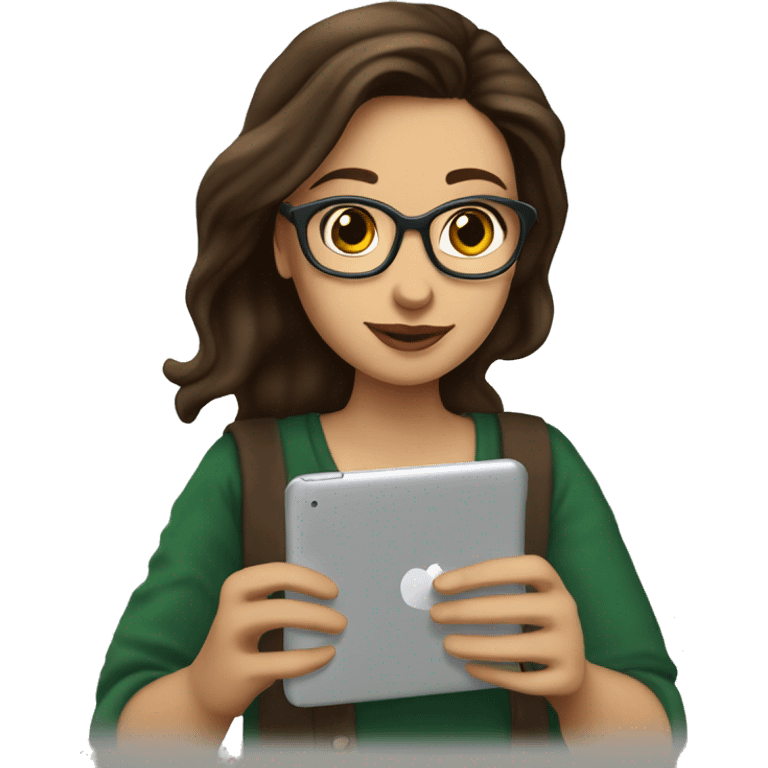 A female brunette mer student , studying in her iPad  drinking a Starbucks coffee (make an iced tea coffe cup) emoji