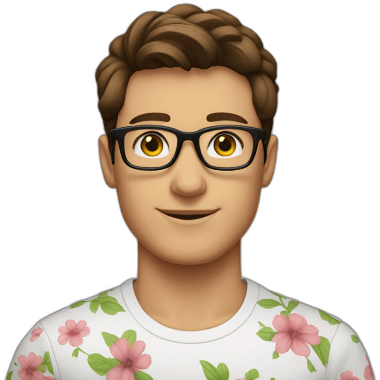 brown hair up guy wearing glasses and black t-shirt with flower print emoji