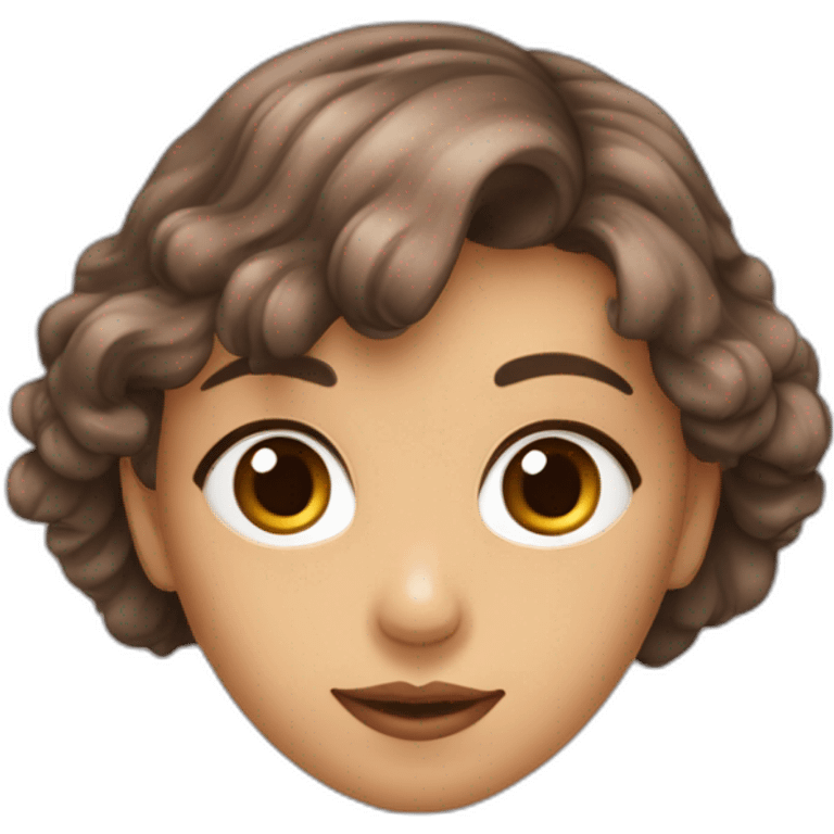 Une jeune fille avec les yeux marrons, les cheveux, châtain foncés, ondulés emoji