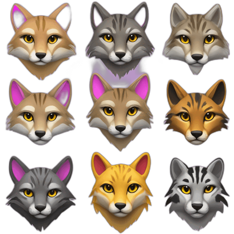 Coyote with grey and black fur, neon lights, ocelot with pink ears, clouded leopard, ocelot coyote hybrid with Phoenix wings emoji