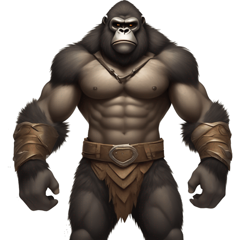 Gorilla-like warrior, tan muscular body, fresh chest wound. Leather and fur armor, stern expression, shadowy wild setting. Muted colors, intense and primal atmosphere. emoji