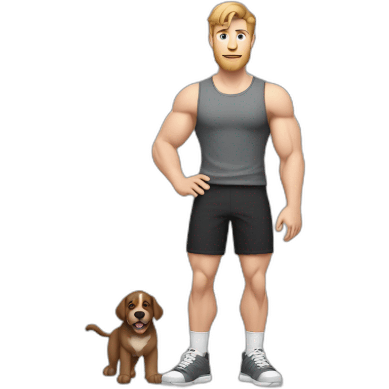 Full height Actively gesturing with hands Pale skinned Fit Man With the biceps and brown hair in dark gray Sleeveless Mike, black oversize sports shorts, watch and white Sneakers emoji