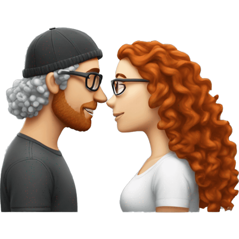 Red haired white couple kissing. Woman long hair with beanie. Man curly hair with glasses. emoji