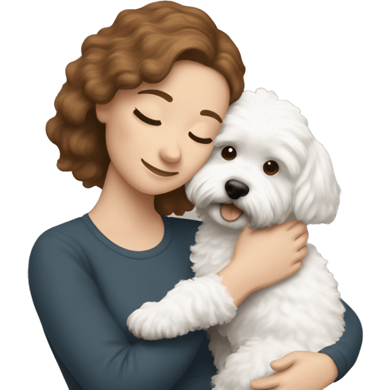 Long brown-haired white woman hugging her white maltipoo emoji