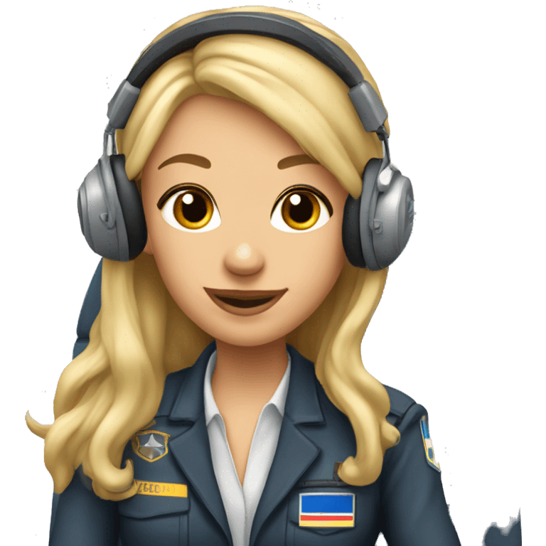 Blonde beautiful Pilot girl with long hair and headset sitting in the pilot cabin  emoji