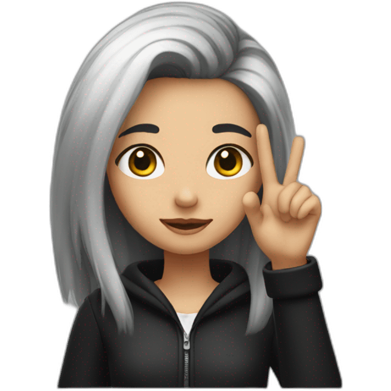 A girl with black and white hair puts her finger on her head emoji