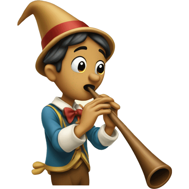 Pinocchio playing flute with his long wooden nose emoji