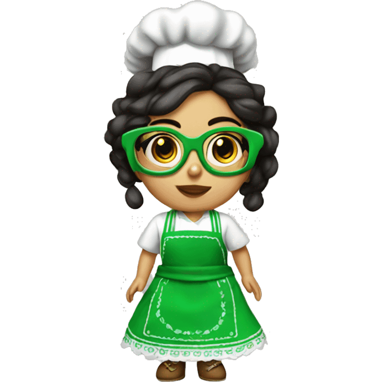 Mexican doll  big eyes green apron  with glasses cooking  emoji