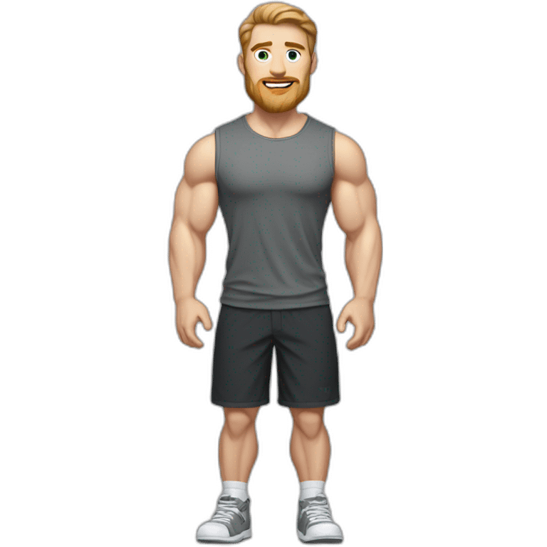 Full height Pale skinned fit man With biceps, Realistic eyes and mouth, light brown hair and stubble In dark gray sleeveless mike, black oversize sports shorts, watch and white sneakers. emoji