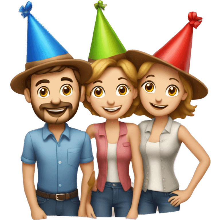 European company of 4 people (mom dad and 2 kids) celebrate birthday in birthday hats emoji