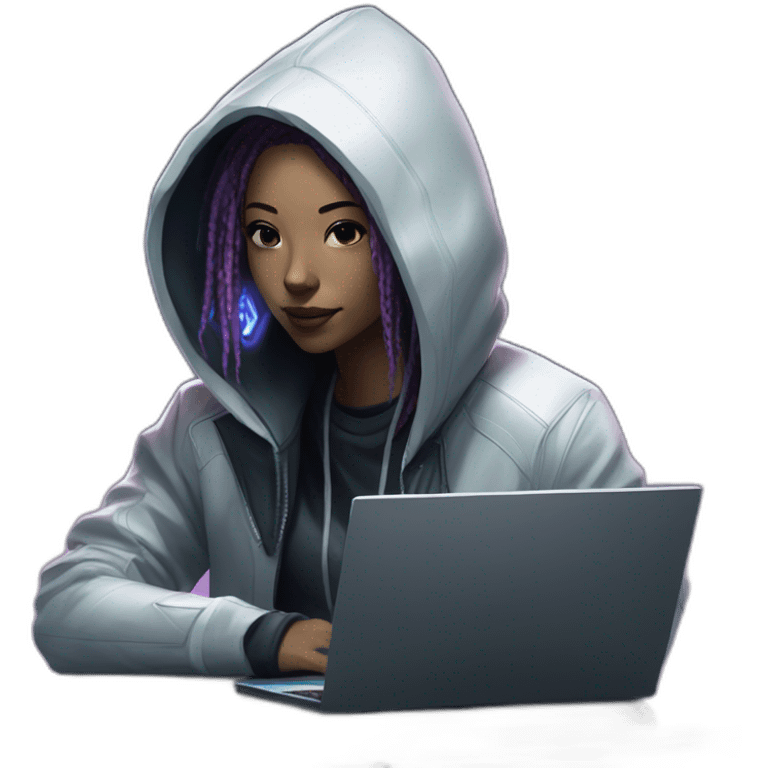 netrunner from cyberpunk with laptop in back hoodie and white skin emoji