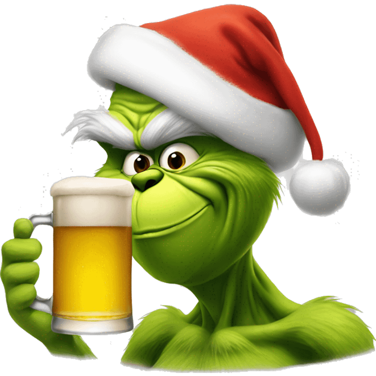 Grinch with Santa hat and a beer emoji