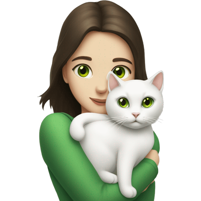 A white cat in the arms of a brunette girl with green eyes emoji