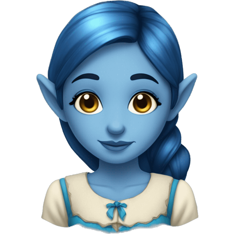 A beautiful blue skinned elf girl who has dark blue hair that shines. She has freckles on her nose and wears a cottage dress. emoji