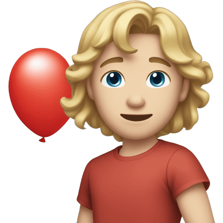 Blonde teen boy with medium light brown hair, blue eyes, red top and holding a ballon emoji