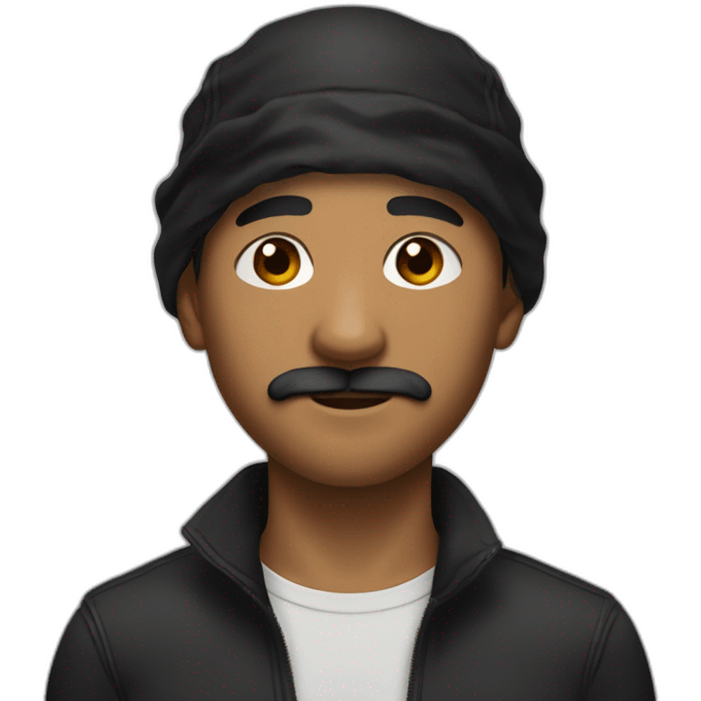 Mestised man's face with short curly haircut and a black bandana on his forehead with brown eyes and a slight mustache emoji