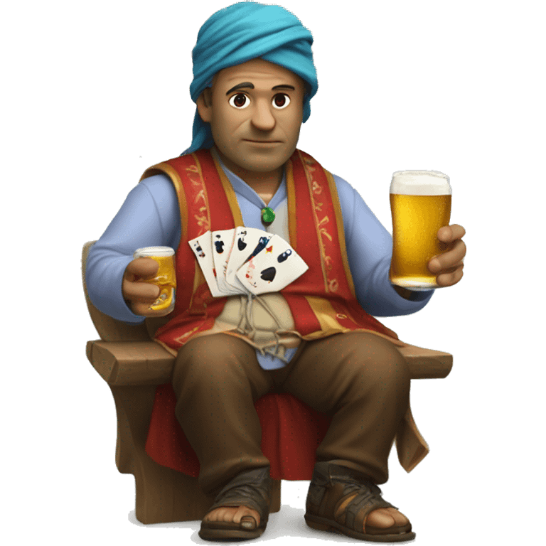 a fortune teller with cards and a bottle of beer and a phone on a string emoji