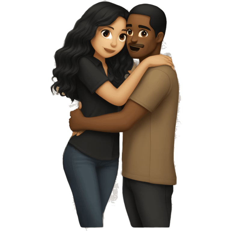 Girl with long wavy black hair wearing a brown shirt kissing a light skin man with long black hair wearing a black shirt emoji