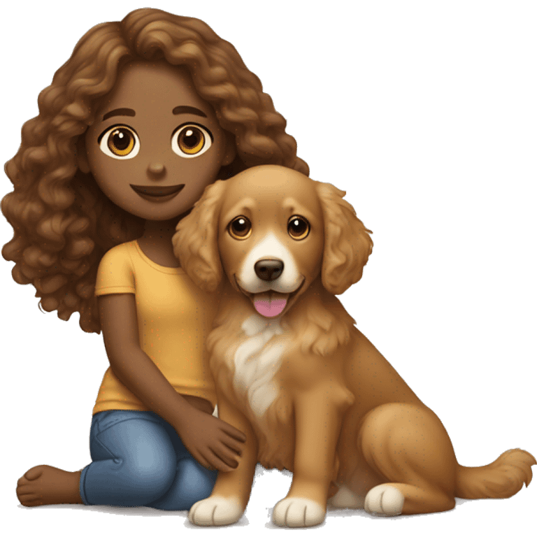 Tan skinned girl with  long brown curly hair with a golden retriever puppy emoji