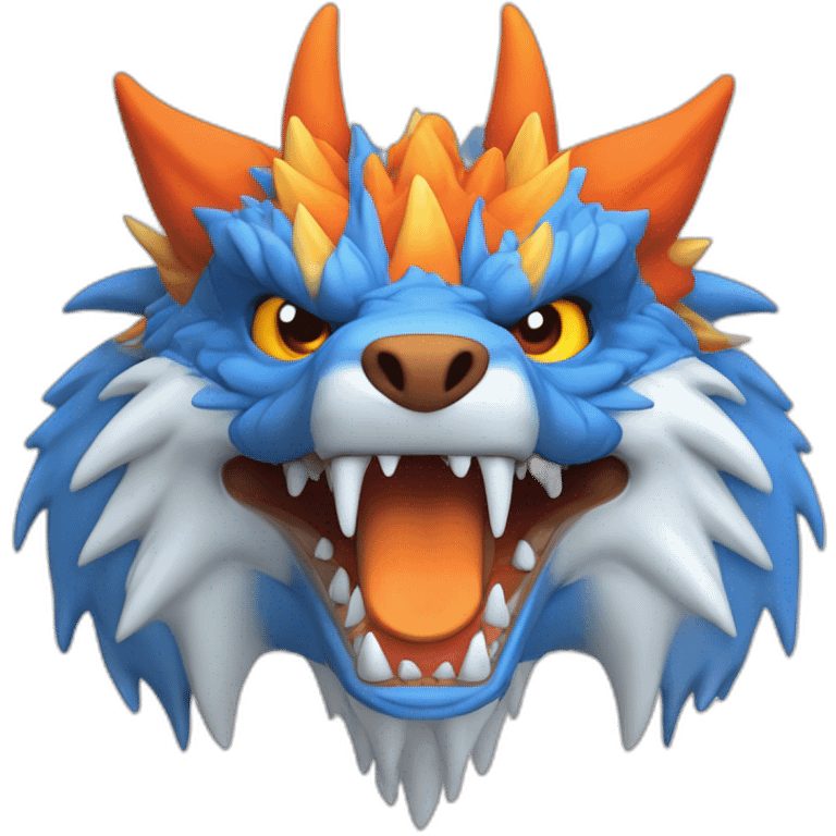 Un dragon mi loup de couleur rouge, bleu, blanc et orange moutardes, avec des corne orange moutard. Il qui crache du feux emoji