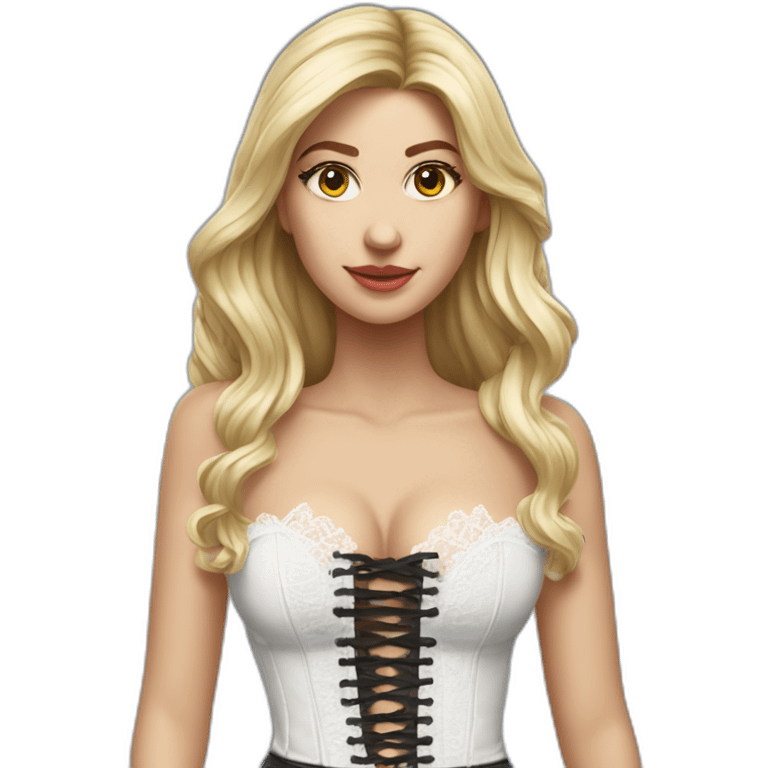 hyperrealistic caucasian blonde female, long straight hair, white lace-up bustier emoji