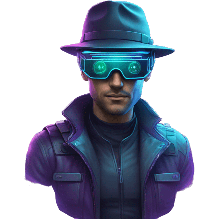 Secret human agent in a hat with  cyberpunk elements in VR googles scanning looking reviewing multicolor lines of code, cyan and purple colors, only upper body portrait emoji