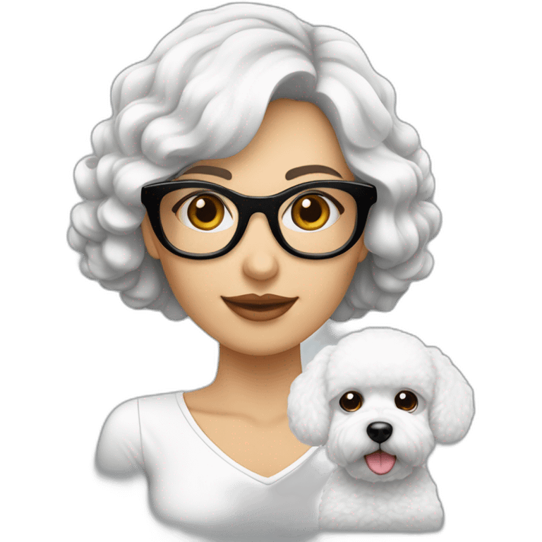 mujer gafas piel blanca cabello largo negro y perro bichon blanco emoji