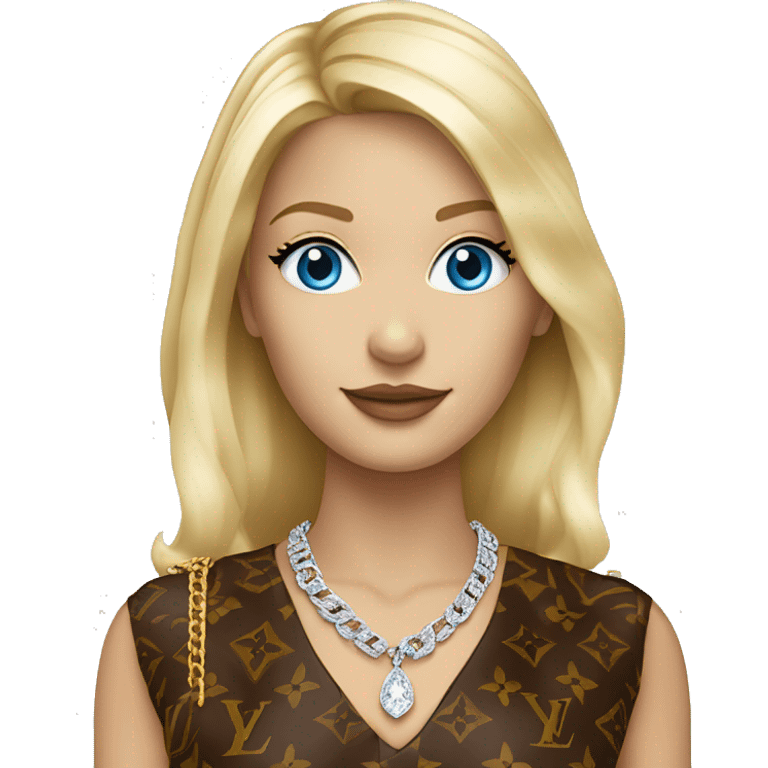 a full standing blonde female with blue eyes wearing a diamond chain with a pendant saying bonnie with louis Vuitton clothing  emoji