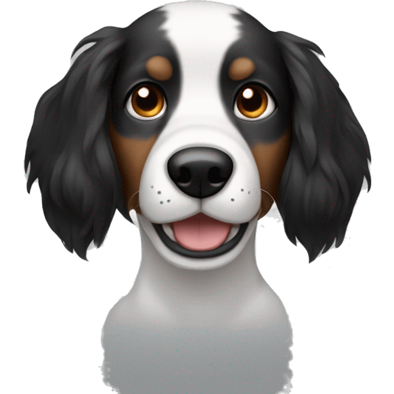 Black and white dog with long hair and brown eyes and big ears dmiling emoji