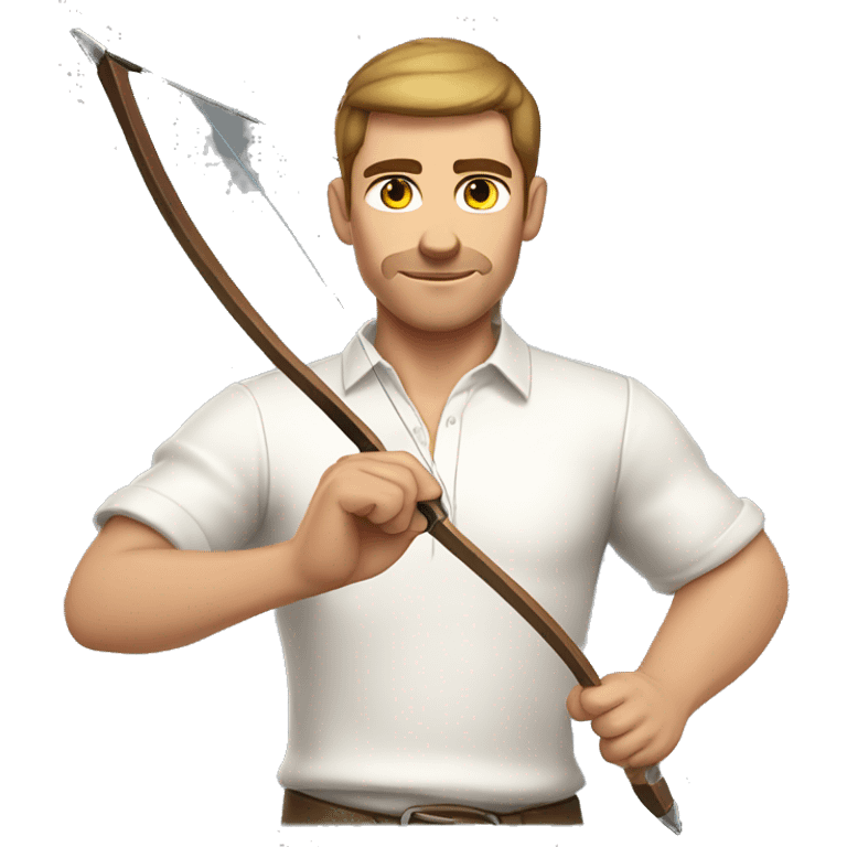 a male archer bending a bow, wearing a white shirt, very short brown hair, bright skin, only show upper part of the body from waist up emoji