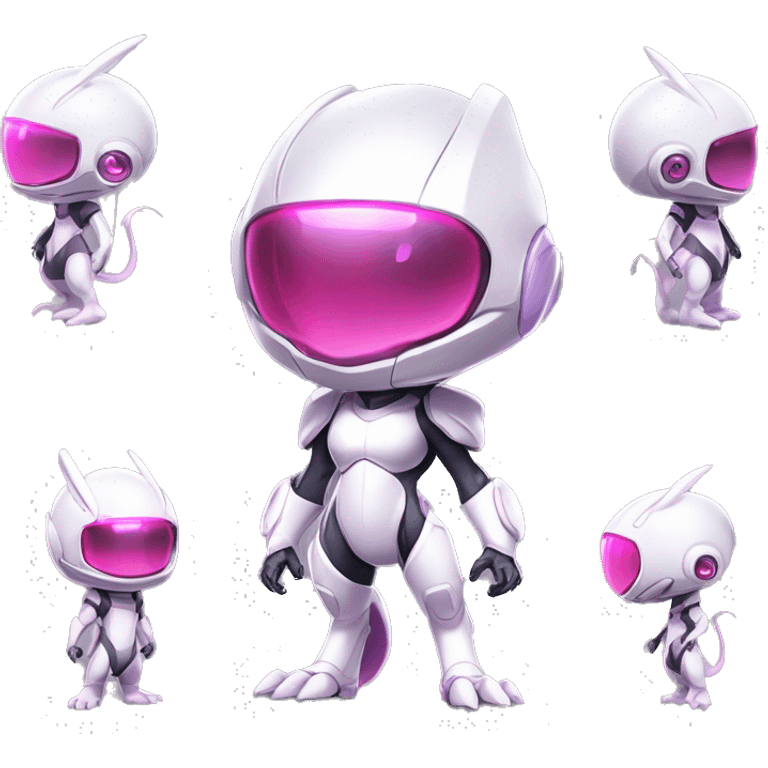 White, Chibi, White body, Anthro-Sona-Lizard-Alien-Salazzle-Mew-Mewtwo-Fakémon, with pink eyes, with a futuristic visor-helmet, wearing a techwear-suit, Full Body emoji