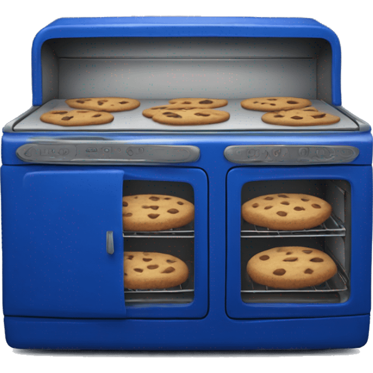 Realistic vintage  cobalt blue oven with cookies baking inside of it. emoji