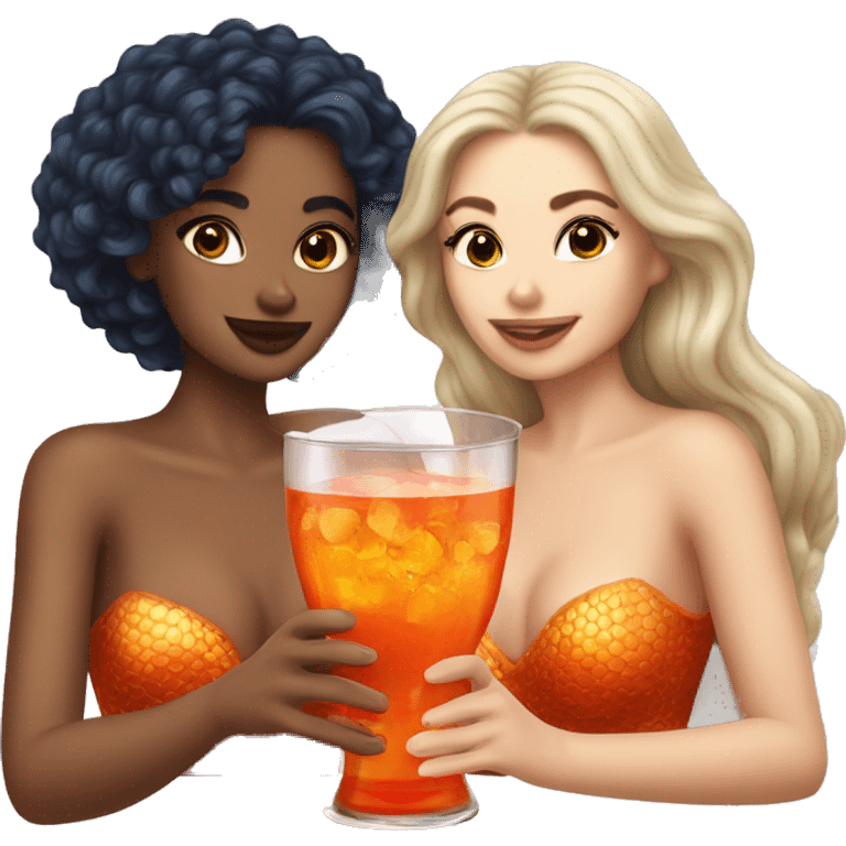 Three beautiful mermaids (light skin) drinking aperol emoji