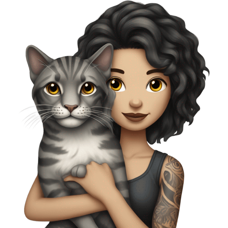 Beautiful dark haired lion tattooed woman holding gray and white stripe long haired cat emoji