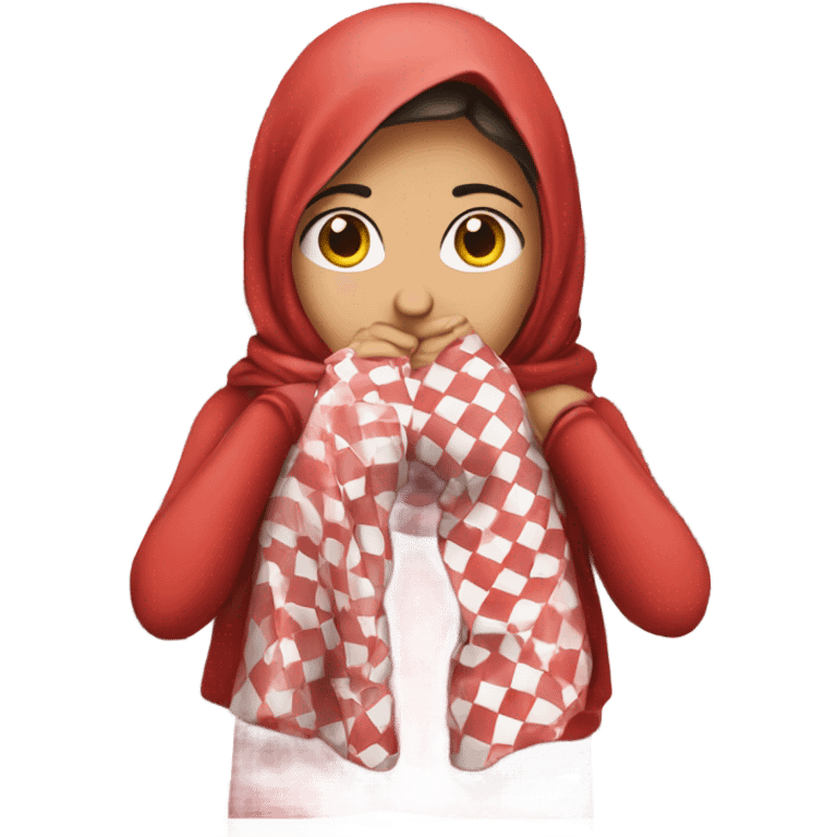 Girl wearing red and white checkered keffiyeh covering mouth hands covering face  emoji