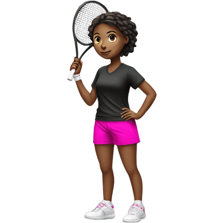 Girl playing tennis in baggy black t shirt and hot pink shorts with white sneakers on emoji