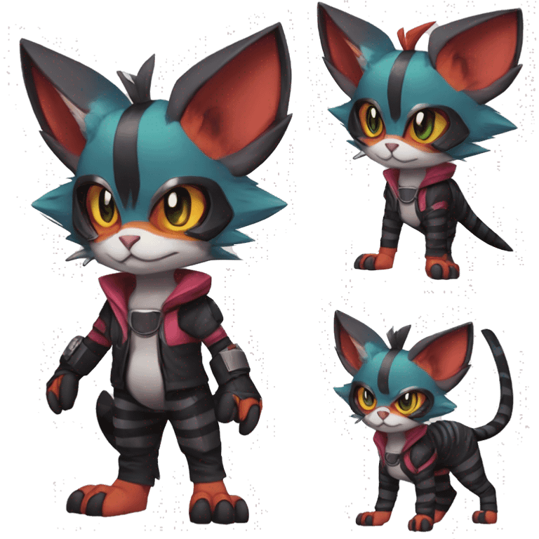 Cool Anthro Noivern-Litten-Sphynx-Pokémon with edgy stripes collar punk techwear cool fiddler-hat Full Body emoji