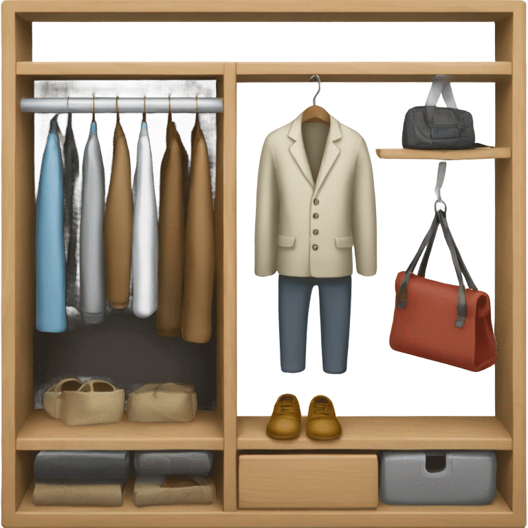 Design an emoji-style icon of an open wardrobe with clothes hanging inside. Include details like a wooden frame, hangers, and only black or white different clothing items such as shirts or any other clothing . Use a clean and minimalistic design. emoji