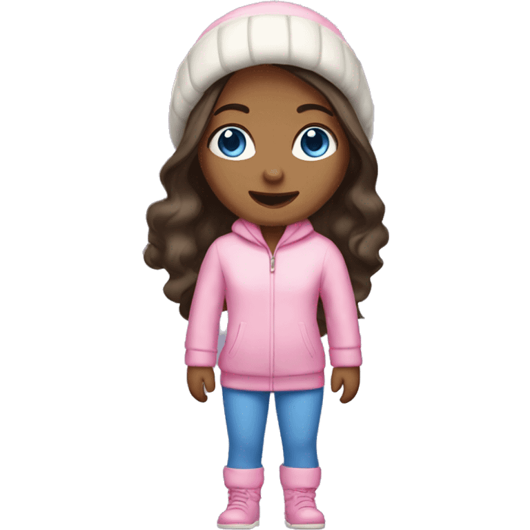 A dark-haired girl with long hair with fair skin and blue eyes in a winter pink jumpsuit emoji