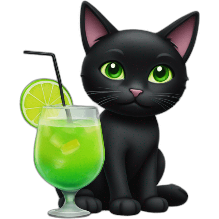 a black cat with green eyes and a cocktail drinks a cocktail emoji