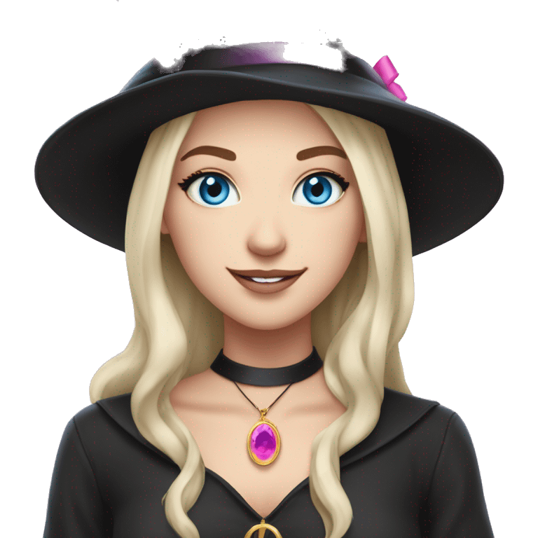 Witchy brunette haired blue eyed white girl with a witty smile a gold necklace and a black witch hat with a pink bow emoji