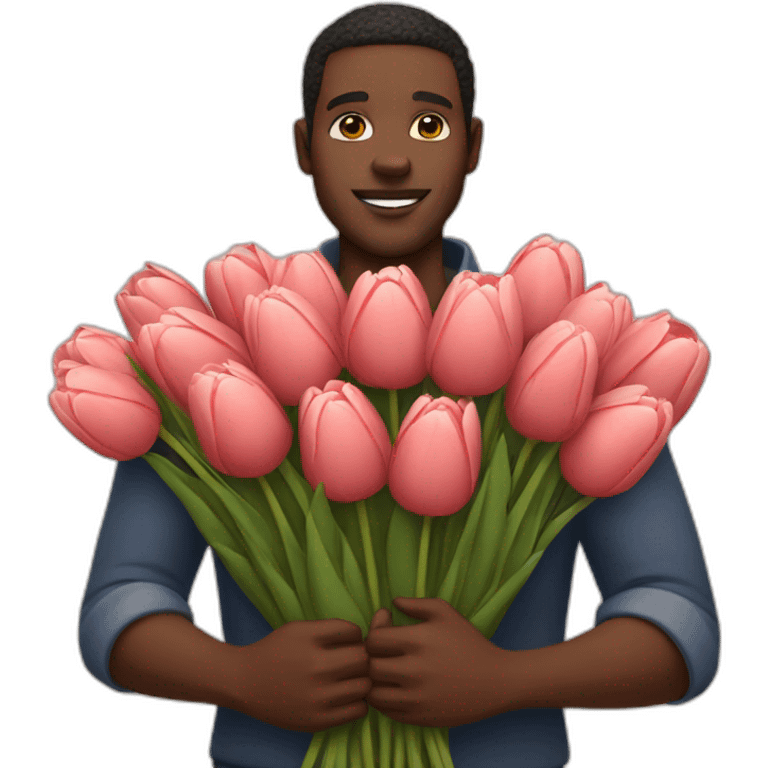 Black man holding a huge bouquet of tulips in his arms emoji